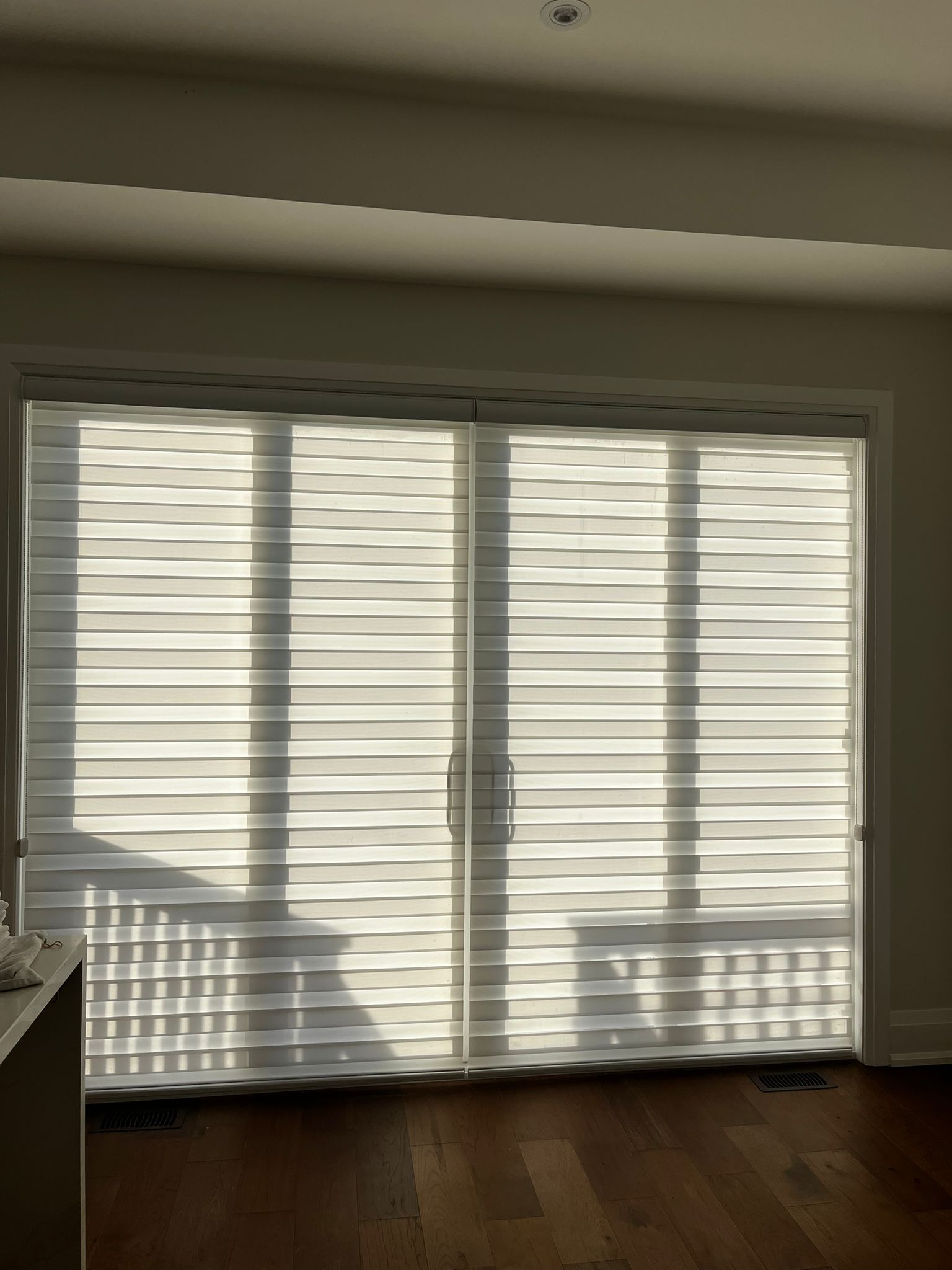 Wide zebra blinds balancing daylight and privacy across a living-room window