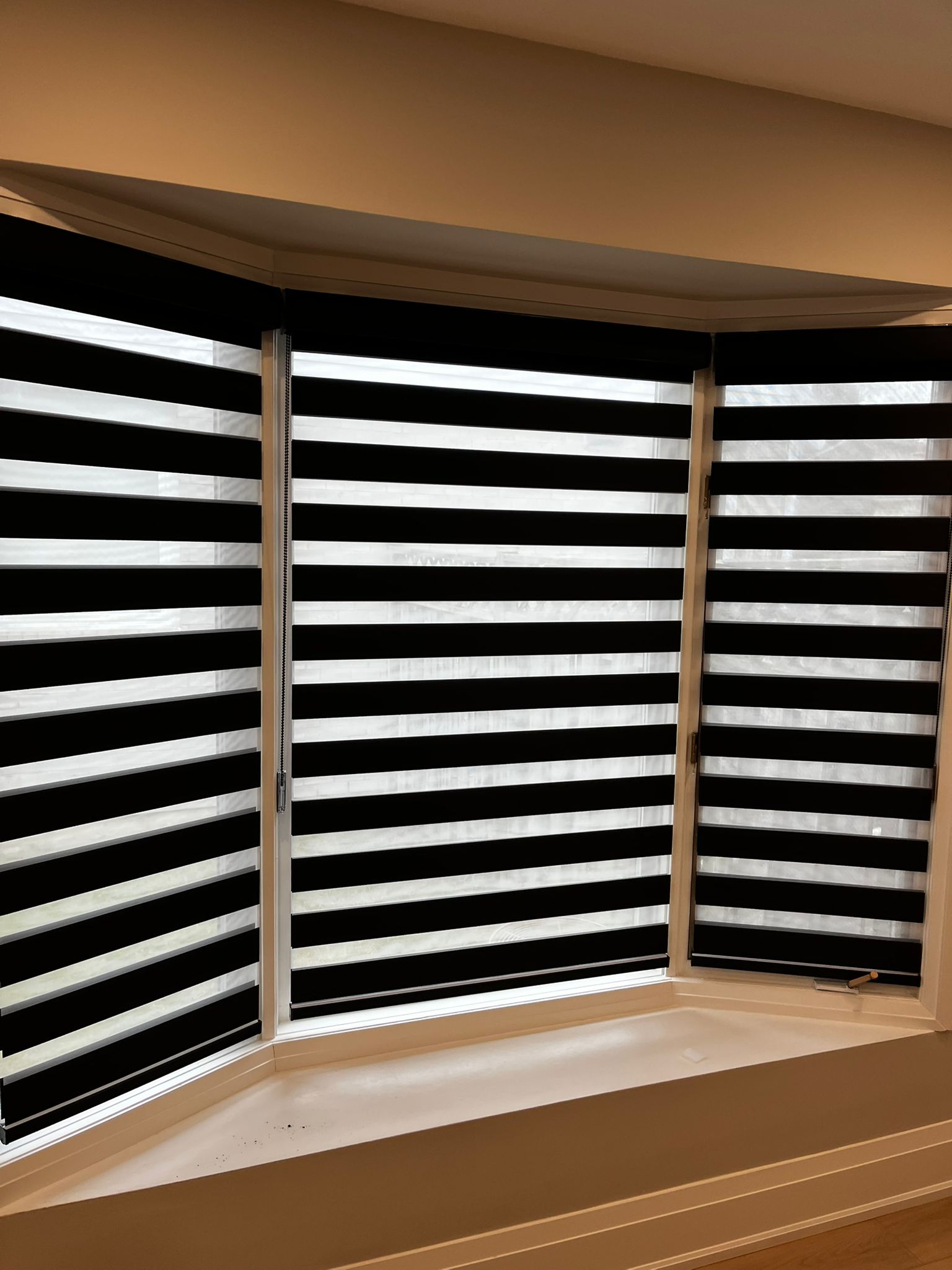 Black zebra blinds adding strong contrast to a modern interior