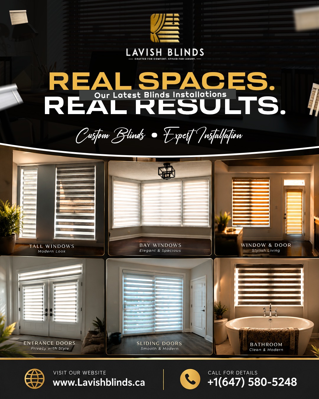 Lavish Blinds collage showing window treatments on tall windows, doors, bay windows and bathrooms