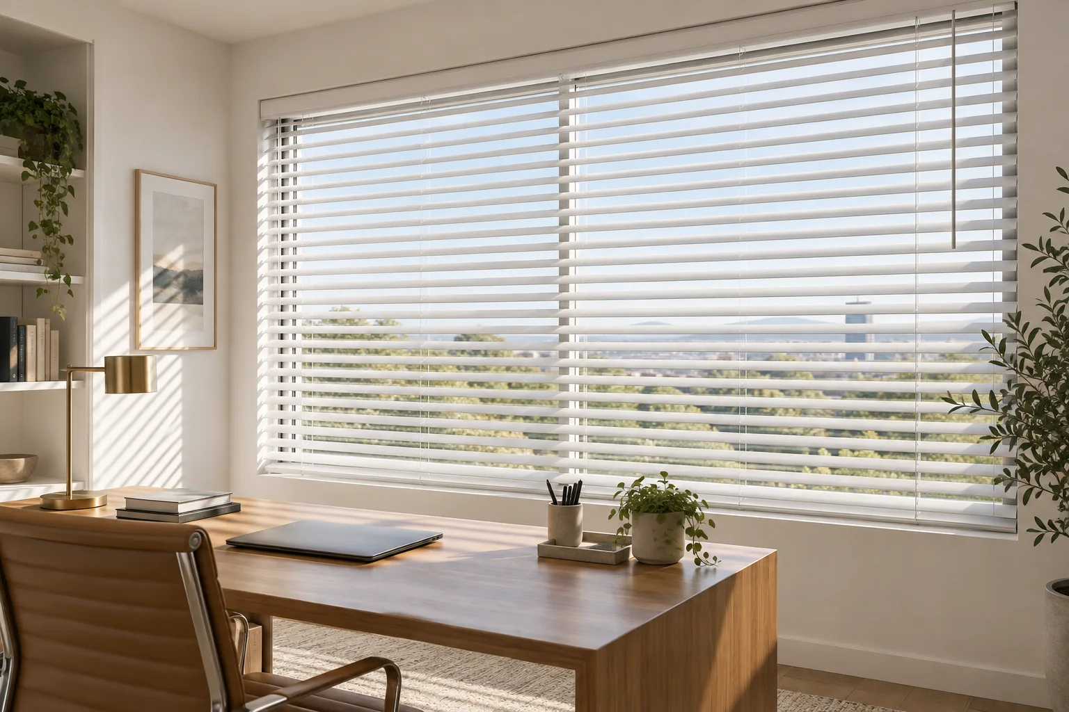 White Venetian blinds directing daylight in a contemporary office
