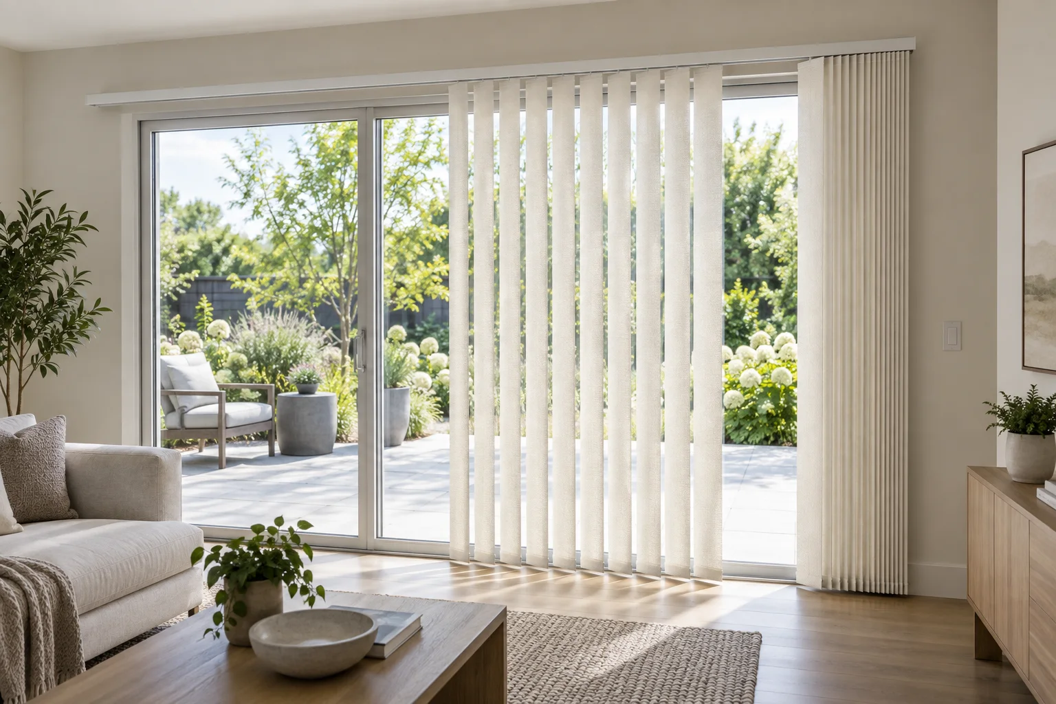 Vertical blinds fitted across wide sliding patio doors