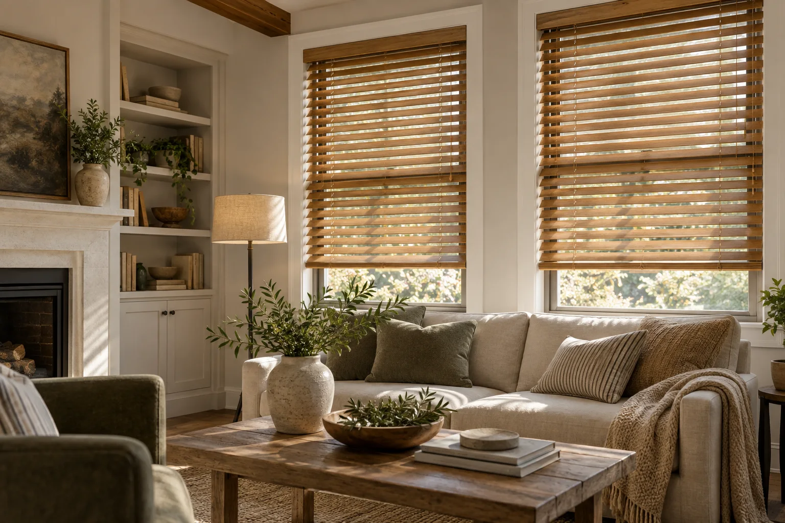 Warm wood blinds fitted to a refined living-room window