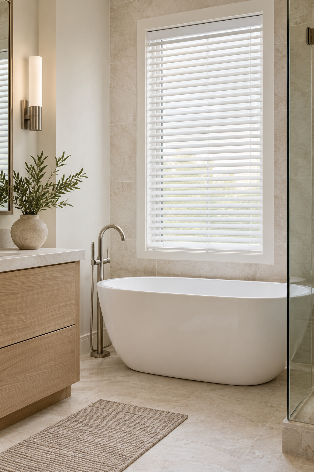 Faux-wood blinds for practical privacy in a bathroom