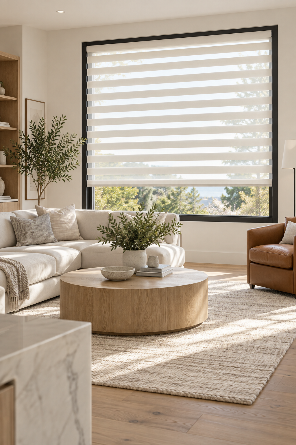 Tailored window treatments in a warm contemporary living room
